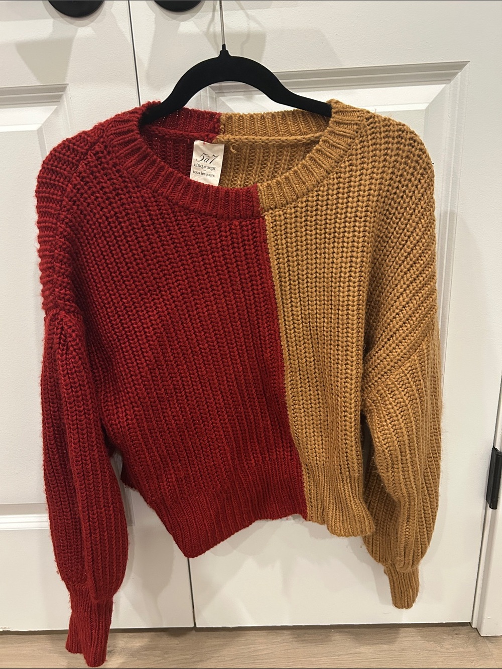 cinq a sept Colorblock Crewneck Sweater in Red and Mustard
